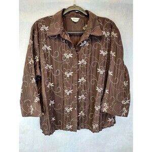 Jessica Embroidered Button Up Shirt Women's XL Brown Crepe Fairy Boho Coastal